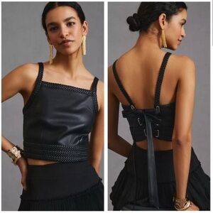 PILCRO Black Leather Lace-Up Crop Top